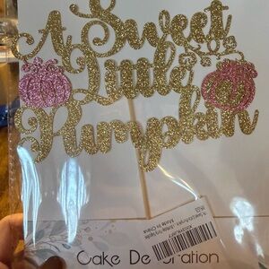 Gold Glitter 'A Sweet Little Pumpkin' Cake Topper with Pink Pumpkin Accents